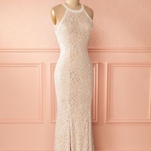 High Neck, Nude w/ White Lace Mermaid Dress